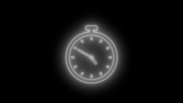 Glowing Neon Stopwatch clock Icon animation, A glowing neon stopwatch icon on a black background