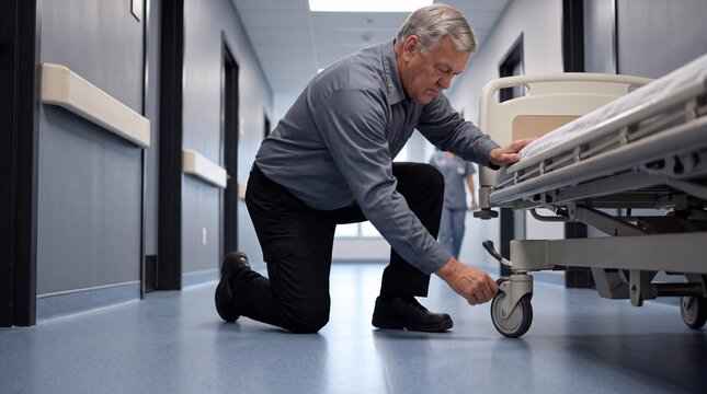 Maintenance technician kneeling to fix a hospital bed caster wheel
