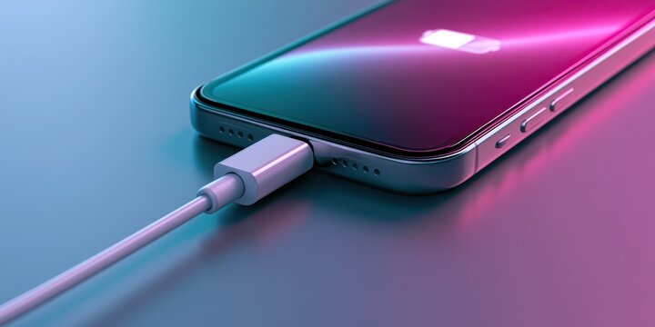 White cable is plugged into a cell mobile smartphone device gadget port to restore power. Screen shows a glowing battery icon sign for full fast charging technology. Neon pink cyan light. USB charger