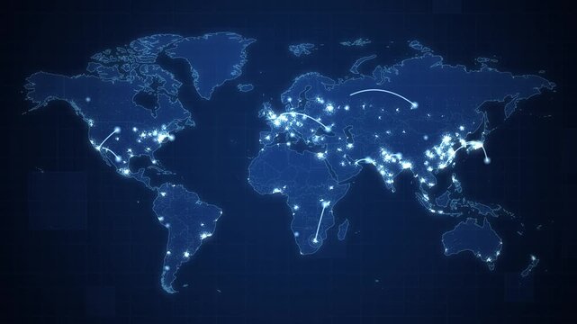 Blue Night World Map With Glowing City Lights and Connection Arcs