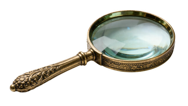 Antique ornate brass magnifying glass with detailed floral handle, isolated on transparent background