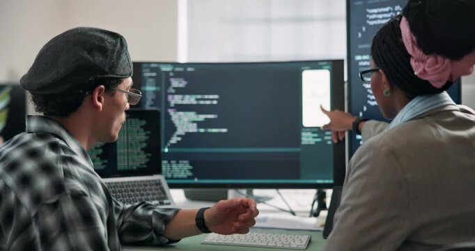 Meeting, team and computer screen in office for code review, ui or mobile prototype for app design. Dashboard, developer or collaboration for site development, examine functionality or user interface