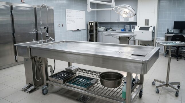 Forensic Autopsy Room with Stainless Steel Table and Medical Equipment