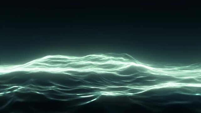 Glowing layered lines undulate across a dark field, forming rolling wave-like ridges with luminous mint and teal highlights, soft haze, and a low horizon-centered composition