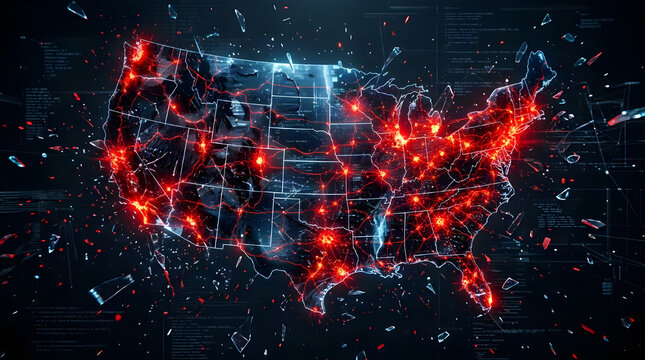 United states map with glowing red nodes and network data visualization connection technology communication infrastructure business internet logistics transport security emergency