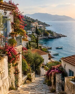 Picturesque coastal Mediterranean village with stone houses and colorful flowers on steep cliffs overlooking clear turquoise ocean bay for aesthetic lockscreen backdrop