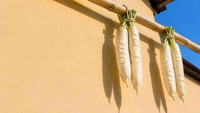 納屋の土壁に影を落とす干し大根 晩秋の朝の日本の冬支度