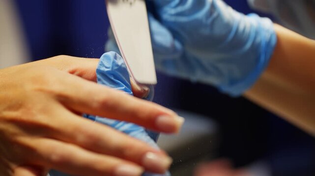 Manicurist carefully files and shapes woman nail during professional manicure treatment in beauty salon providing detailed nail care and enhancing her elegant appearance. High quality 4k footage