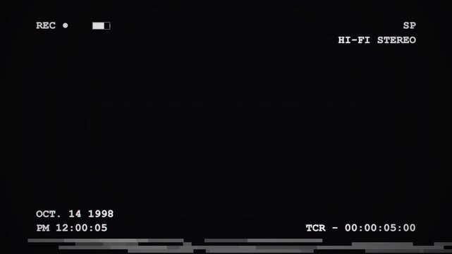 Vintage retro 1990s camcorder recording screen overlay with glitchy digital artifacts and timecode animation for authentic nostalgic video project 4K animation