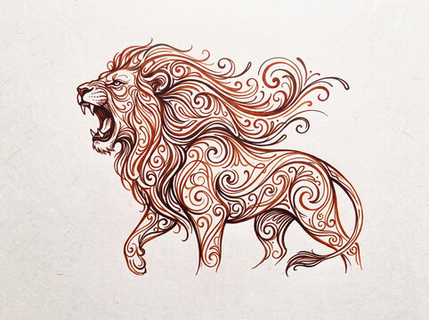 Majestic Roaring Lion Featuring Intricate Tribal Patterning And Flowing Decorative Flourishes Crafted With Artistic Precision To Represent Power Strength Courage And Leadership In Wild African