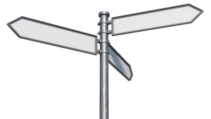 Metal signpost with three blank arrow signs, isolated on transparent background © Nina