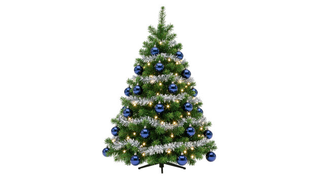 Decorated Christmas tree with blue baubles and silver tinsel, isolated on transparent background