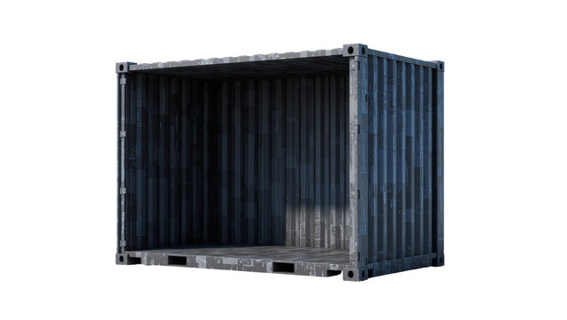 Empty weathered blue shipping container open on one side, isolated on transparent background