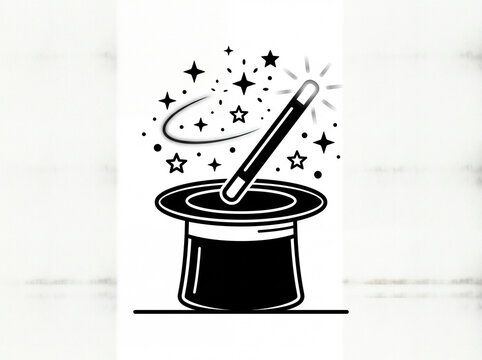 Magical black hat with a glowing wand creating shiny stars for mystery entertainment performances and carnival amusement activities for children and adults who enjoy wonder and fantasy