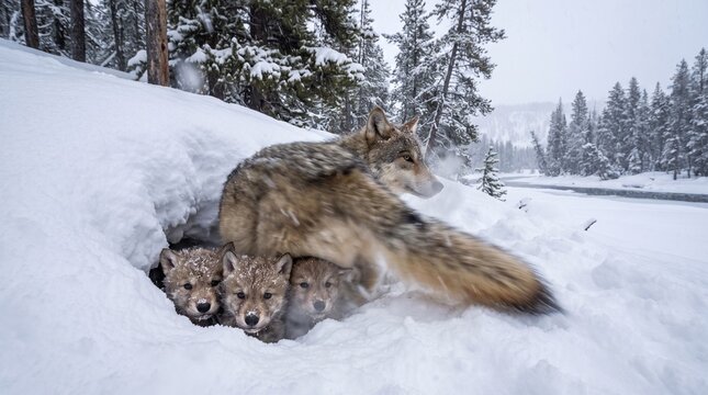 Gray wolf Canis lupus mother guarding three pups in a snow den during winter storm in a frozen forest landscape