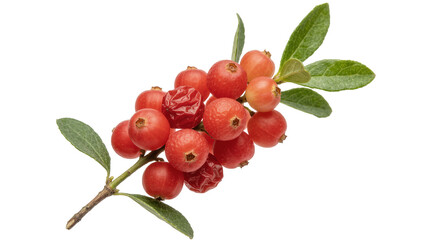 Obraz premium Cluster of ripe red lingonberries with green leaves, isolated on transparent background