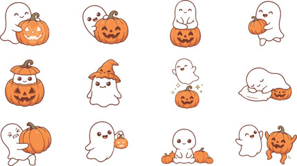 Fototapeta premium Cute Halloween Ghost and Pumpkin Character Collection