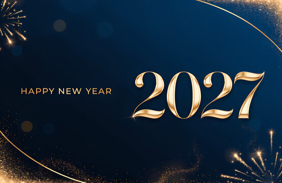 Happy New Year 2027 Gold Celebration Background with Fireworks and Luxury Festive Design