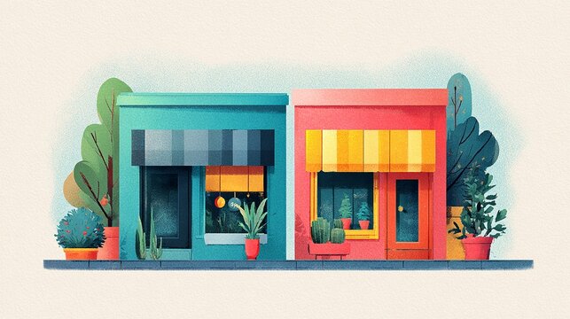 Vibrant colorful storefront buildings with striped awnings and potted plants in flat digital vector illustration style