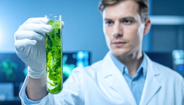Scientist holding green algae sample.