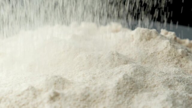 Organic spelt flour sifting and falling in slow motion macro close up
