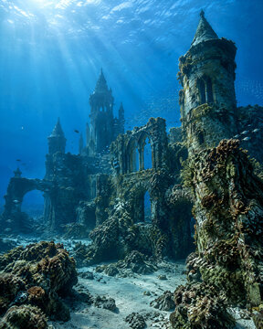 Enchanting deep underwater fantasy castle ruins with light rays beaming through ocean blue water background for mobile lockscreen wallpaper
