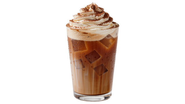 Tall glass of iced mocha coffee with whipped cream and cocoa powder, isolated on transparent background