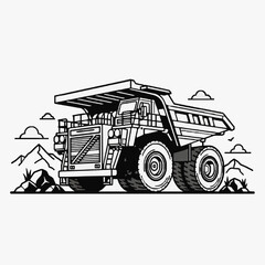 Professional Black and White Line Drawing of Large Mining Truck Hauling Materials on Rough Terrain © Adem