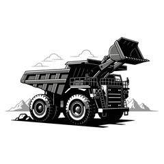 Professional Black and White of a Large Mining Dump Truck with Bucket in Mountainous Terrain with high quality professional line art symbols for modern creative design and digital branding projects © Adem