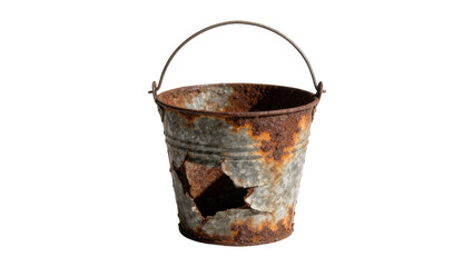 Heavily rusted dented metal bucket with large hole, isolated on transparent background © Nina