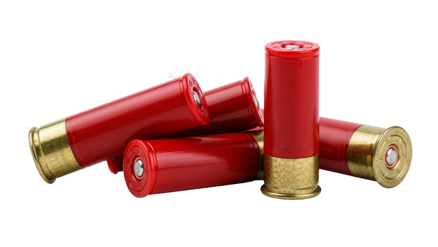 Pile of red shotgun shells with brass bases, isolated on transparent background