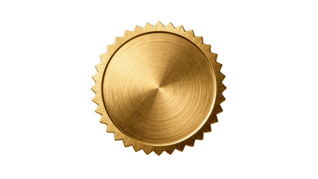 Circular golden medal with serrated edge, isolated on transparent background