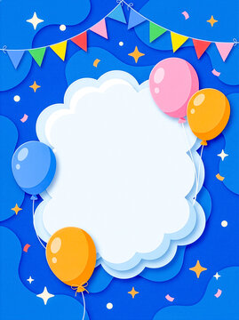 Blue paper cut birthday party background with balloons, bunting flags, confetti and cloud frame