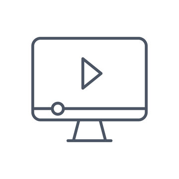 Minimalist computer monitor line icon, video player screen vector symbol, digital streaming interface graphic element