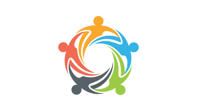 Colorful vector graphic illustration showing diverse human figures holding hands in circle unity