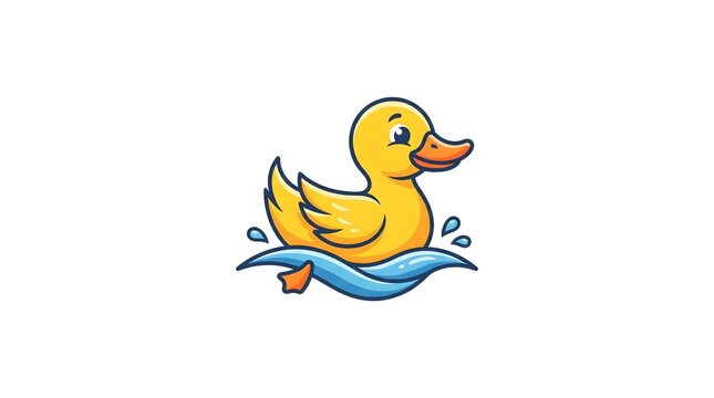 Cute cartoon rubber duck swimming in blue water waves vector illustration isolated on white background.