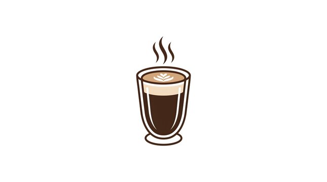 Vector illustration of a hot latte coffee in a double-walled glass cup with foam art and steam, isolated on a white background