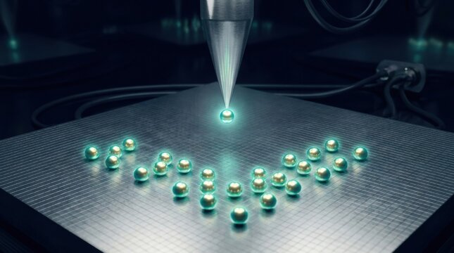 Parametric translucent Stm tip manipulating atoms with fluid iridescent curves and soft architectural reflections