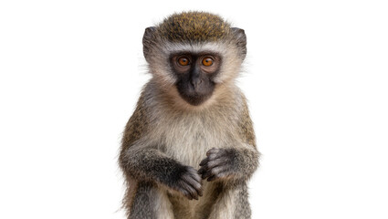 Young vervet monkey with brown eyes and grey fur, isolated on transparent background © Nina
