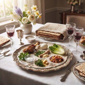 Traditional Passover Seder plate with ritual foods, matzah, wine glasses, and spring flowers on a holiday table