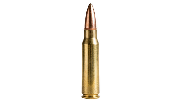 Single brass rifle cartridge with copper bullet tip, isolated on transparent background