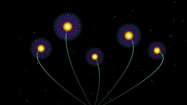 Abstract bioluminescent aster flowers glowing in a seamless loop on a dark background