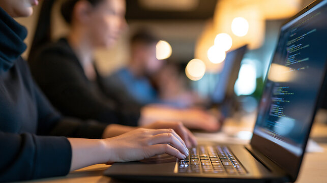 Faceless group of diverse colleagues working on computers in a modern office or coworking space, programmer writing code concept, with copy space