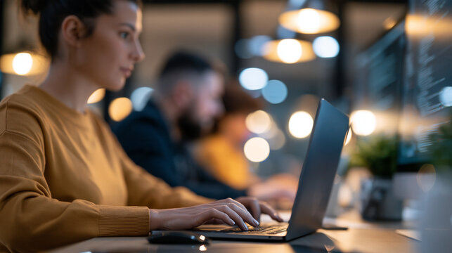 Faceless group of diverse colleagues working on computers in a modern office or coworking space, programmer writing code concept, with copy space