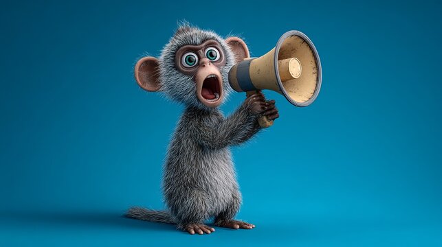 Cute fluffy cartoon monkey shouting loudly into vintage yellow megaphone against solid blue studio background