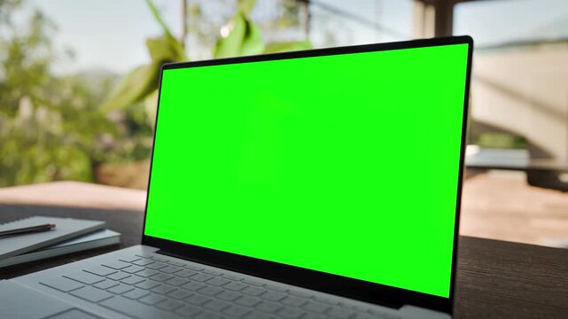 Laptop PC  Blank Green Screen on Desk in Bright Bophilic Office