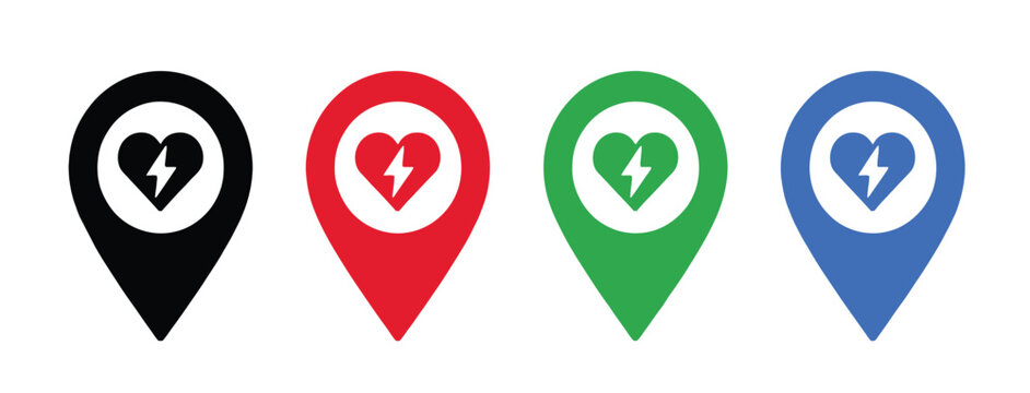 Automated External Defibrillator AED Icon Set, heart and lightning bolt medical rescue symbols for CPR, emergency care, healthcare, and safety signage