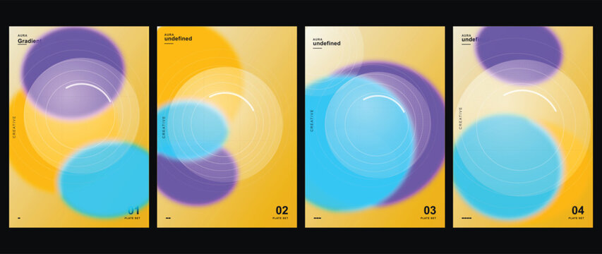 Abstract geometric poster vector layouts, 4 modern gradient cover designs with blurred circles, yellow purple cyan minimalist flyer templates