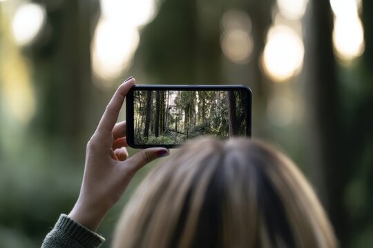 Woman hands holding smartphone horizontally to take photo of sun flare forest landscape. Female traveler capturing nature wood background on mobile device camera screen, eco tourism lifestyle solution