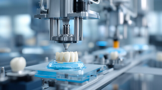 Close-up of a precision industrial machine shaping dental crowns in a modern laboratory, representing digital dentistry, advanced manufacturing, prosthodontics, and high-tech healthcare production.
